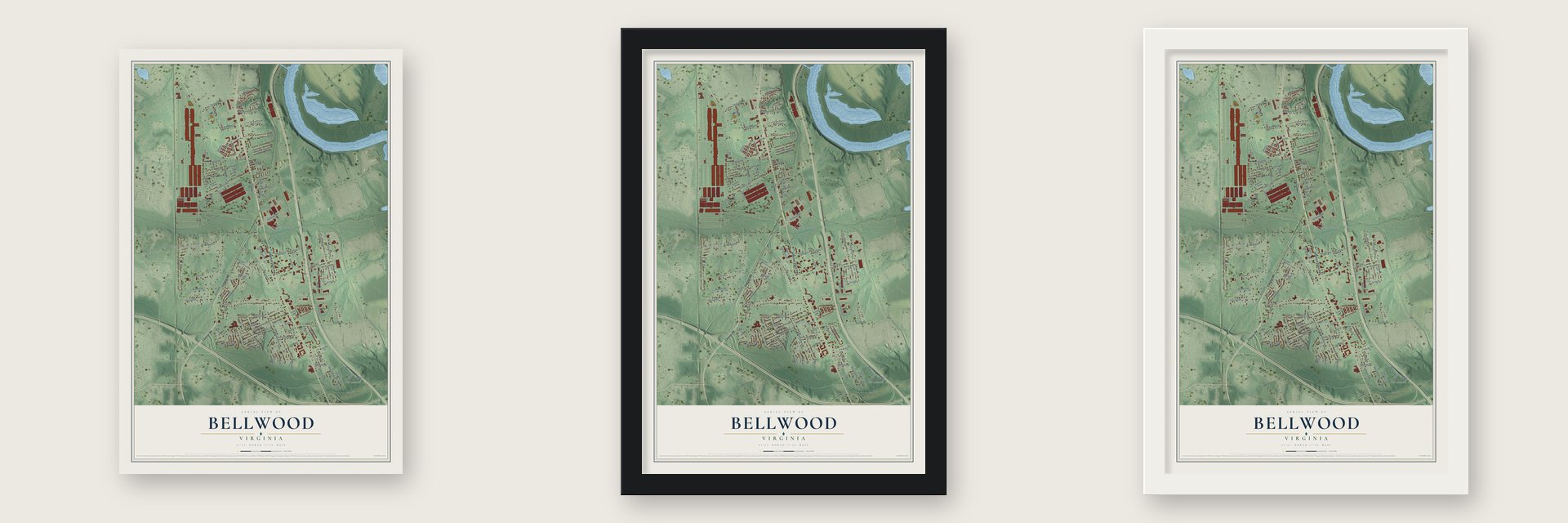 Bellwood, Virginia map unframed, in a black wood frame and in a white wood frame