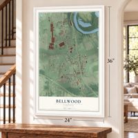 Bellwood, Virginia map, 24 x 36 inch print in a white frame by a staircase