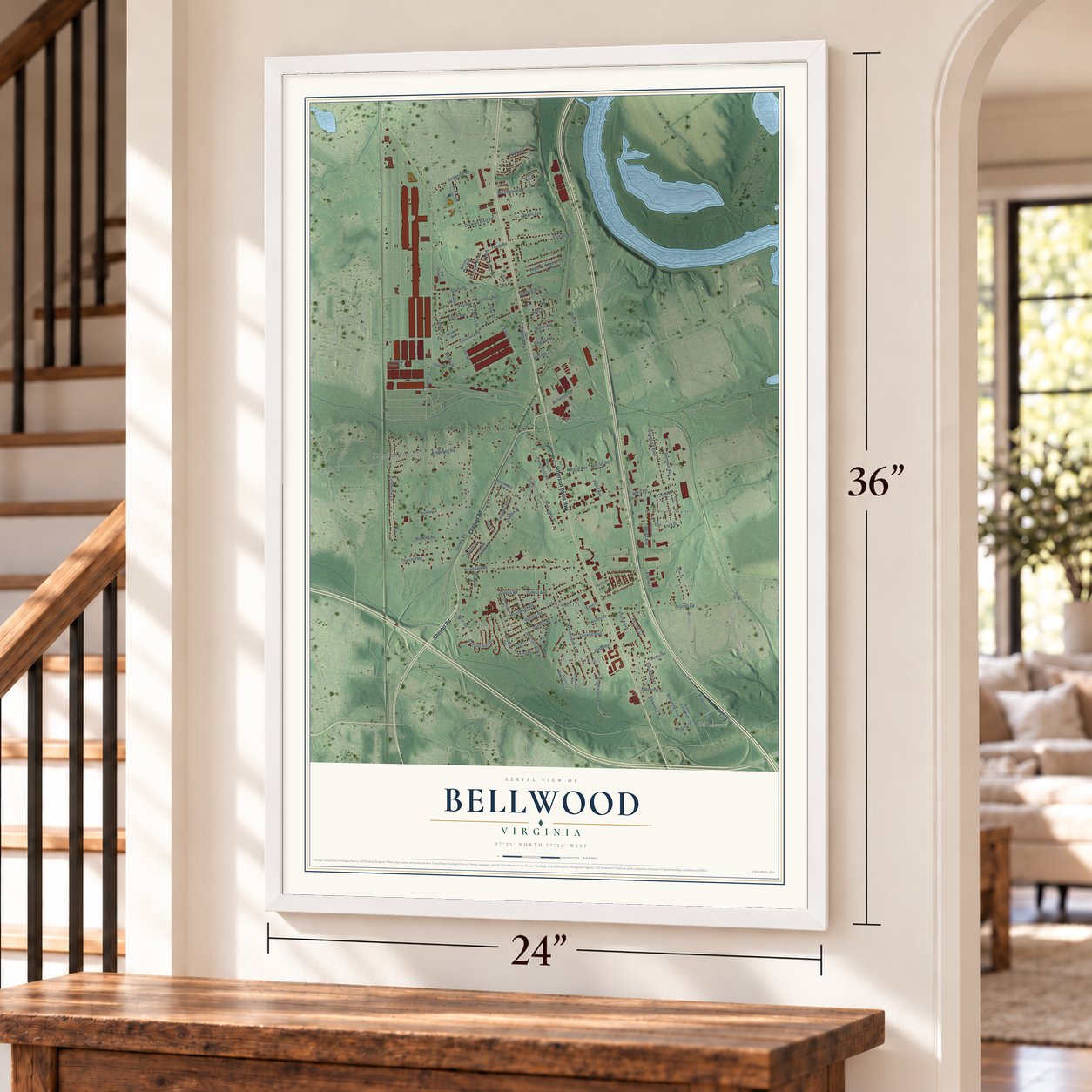 Bellwood, Virginia map, 24 x 36 inch print in a white frame by a staircase