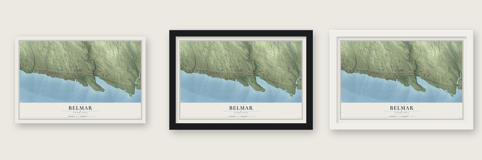 Belmar, Nebraska map unframed, in a black wood frame and in a white wood frame