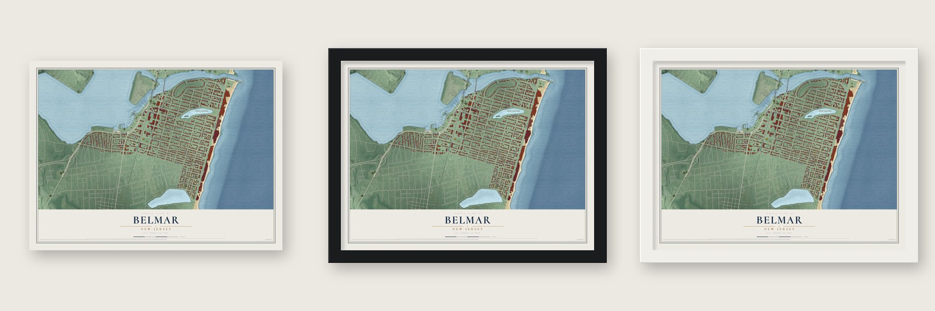 Belmar, New Jersey map unframed, in a black wood frame and in a white wood frame