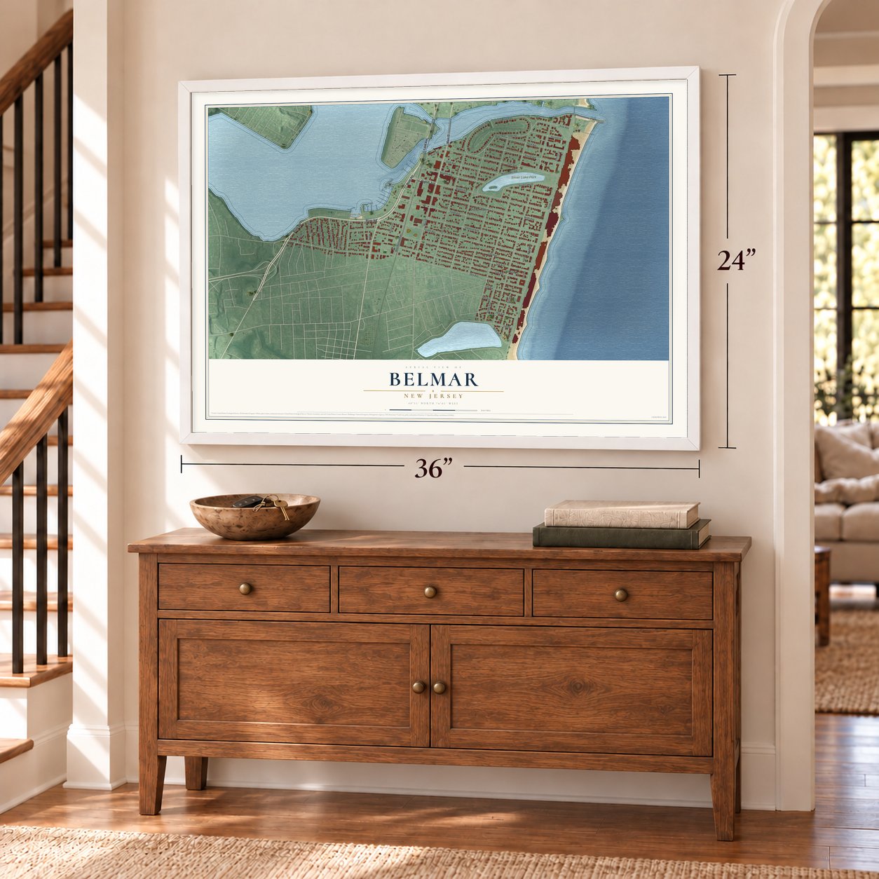 Belmar, New Jersey map, 24 x 36 inch print in a white frame above a dresser by a staircase