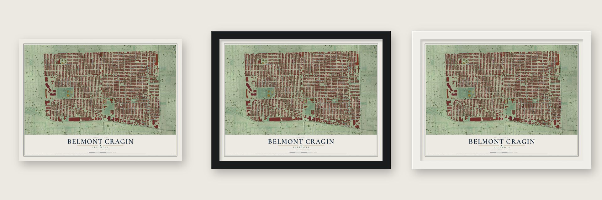 Belmont Cragin, Illinois map unframed, in a black wood frame and in a white wood frame