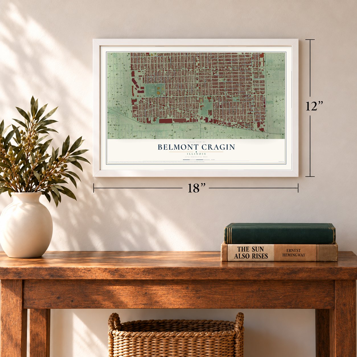 Belmont Cragin, Illinois map, 12 x 18 inch print in a white frame in an entryway