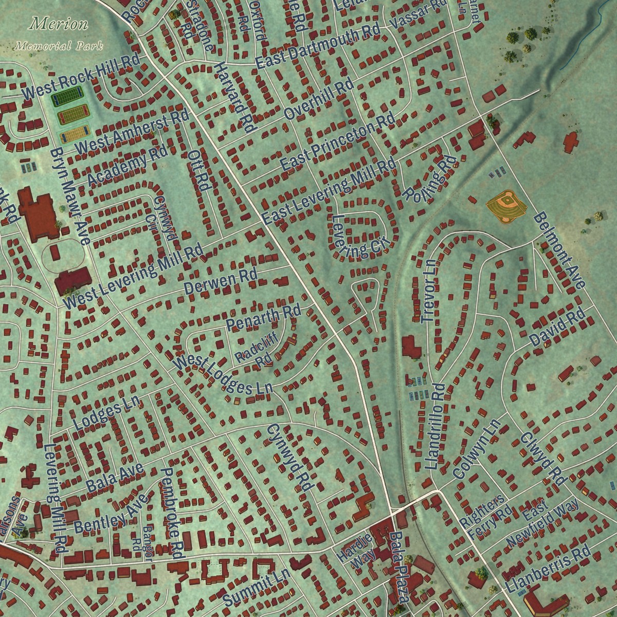 Second close-up of the map of Belmont Hills, Pennsylvania print showing more streets and buildings