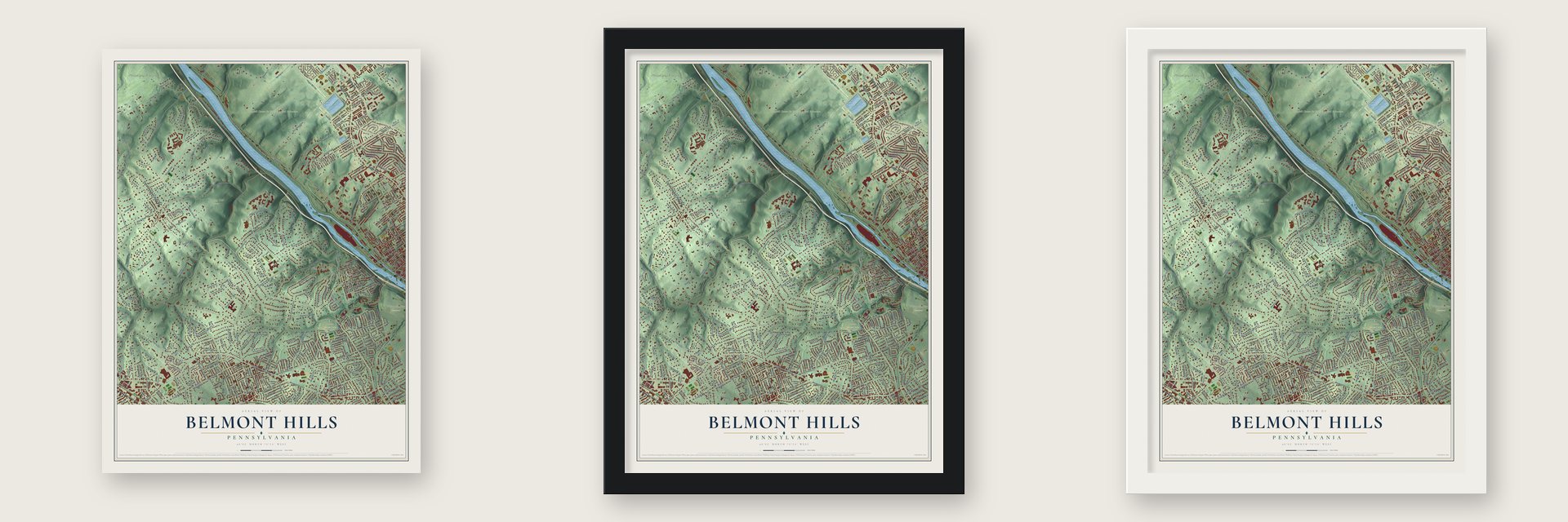Belmont Hills, Pennsylvania map unframed, in a black wood frame and in a white wood frame
