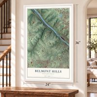 Belmont Hills, Pennsylvania map, 24 x 36 inch print in a white frame by a staircase