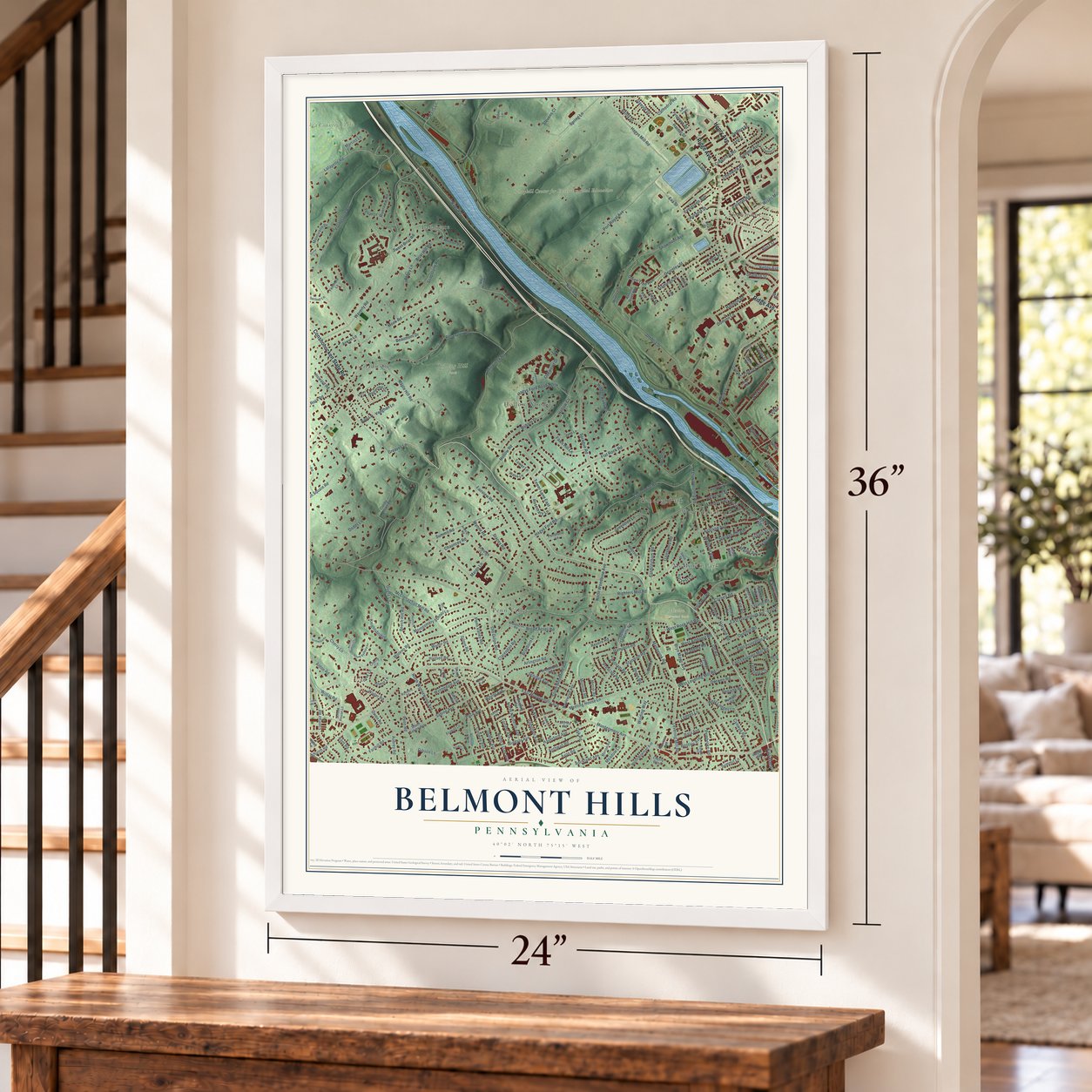 Belmont Hills, Pennsylvania map, 24 x 36 inch print in a white frame by a staircase