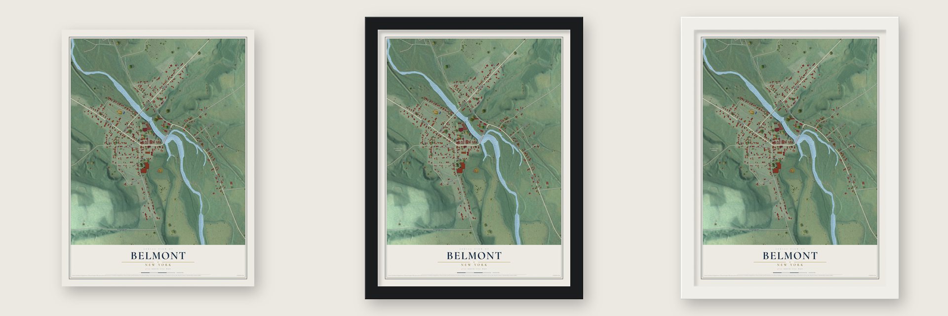 Belmont, New York map unframed, in a black wood frame and in a white wood frame