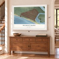 Belmont Shore, California map, 24 x 36 inch print in a white frame above a dresser by a staircase