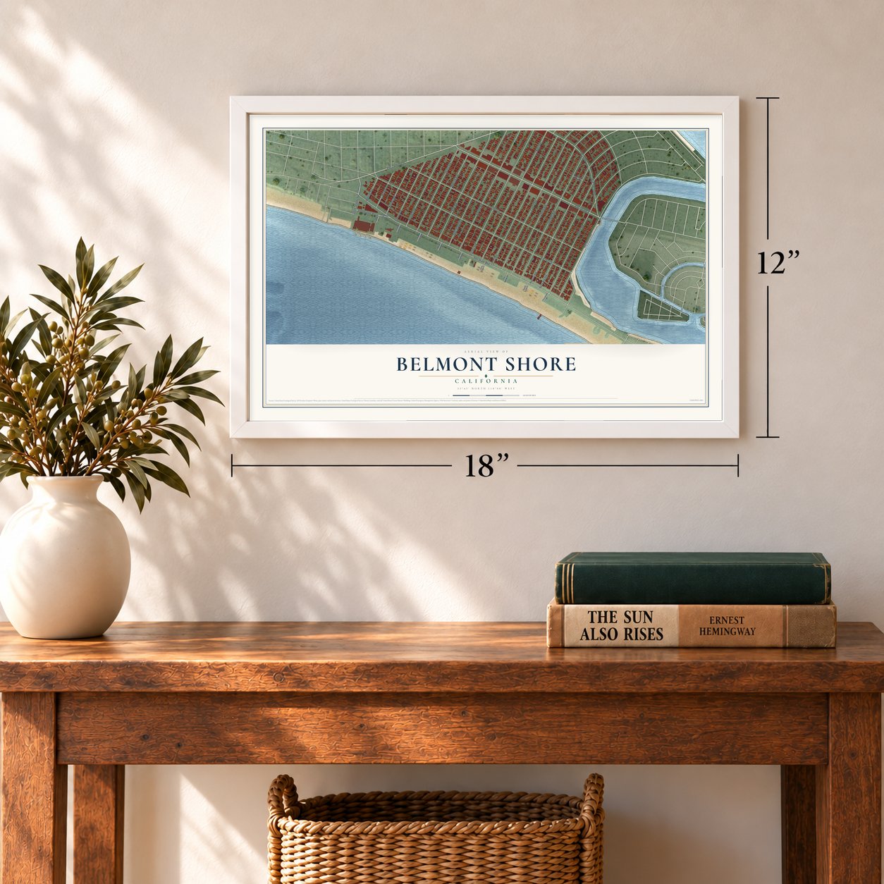 Belmont Shore, California map, 12 x 18 inch print in a white frame in an entryway