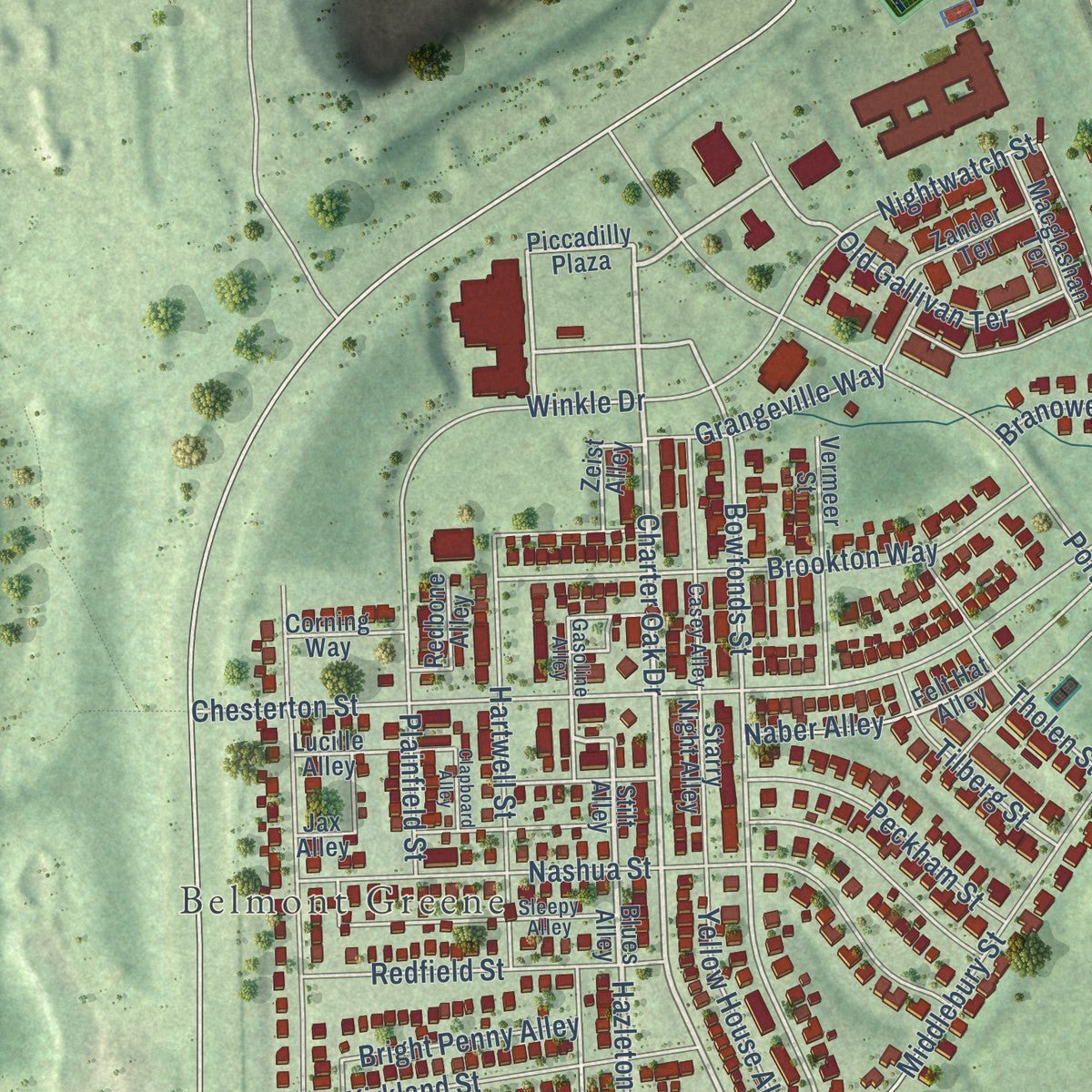Second close-up of the map of Belmont, Virginia print showing more streets and buildings