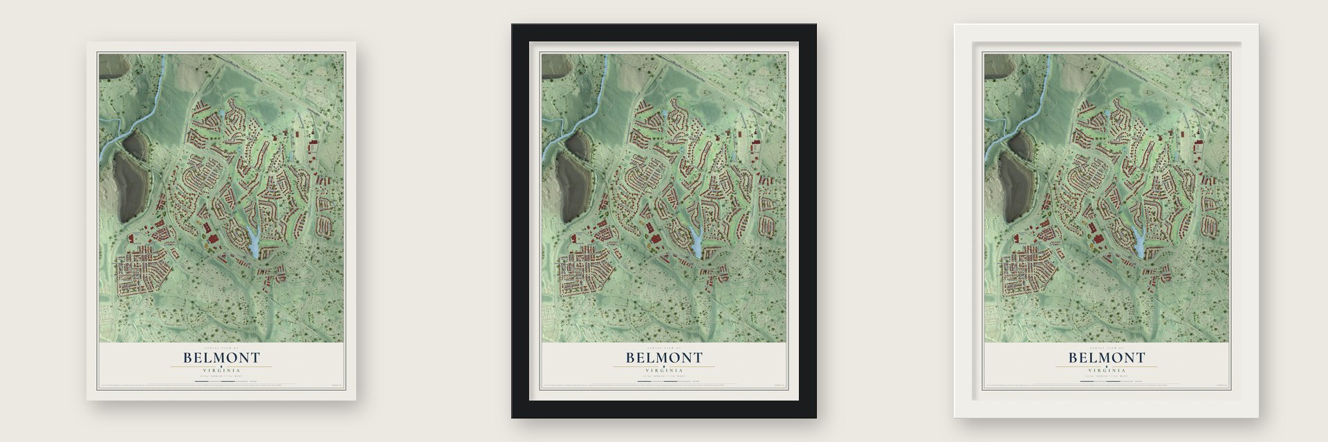 Belmont, Virginia map unframed, in a black wood frame and in a white wood frame
