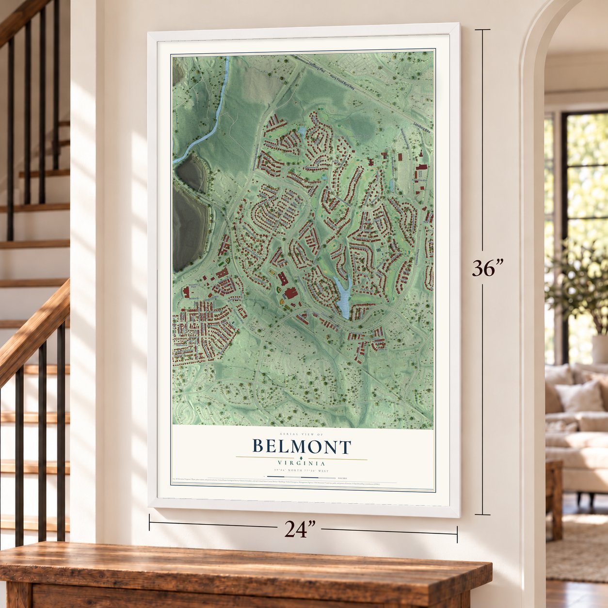 Belmont, Virginia map, 24 x 36 inch print in a white frame by a staircase