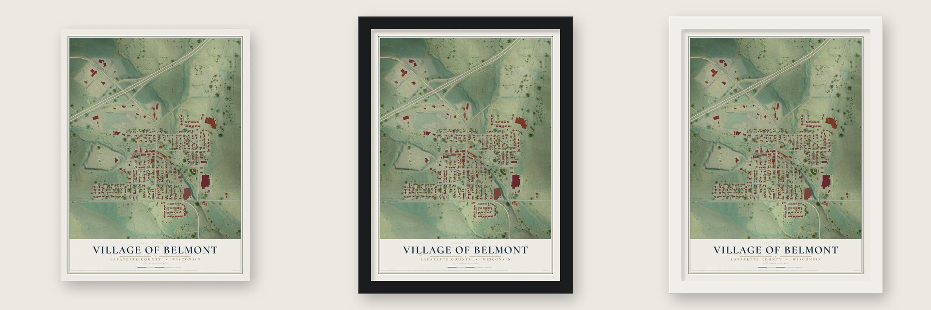 Belmont, Wisconsin map unframed, in a black wood frame and in a white wood frame