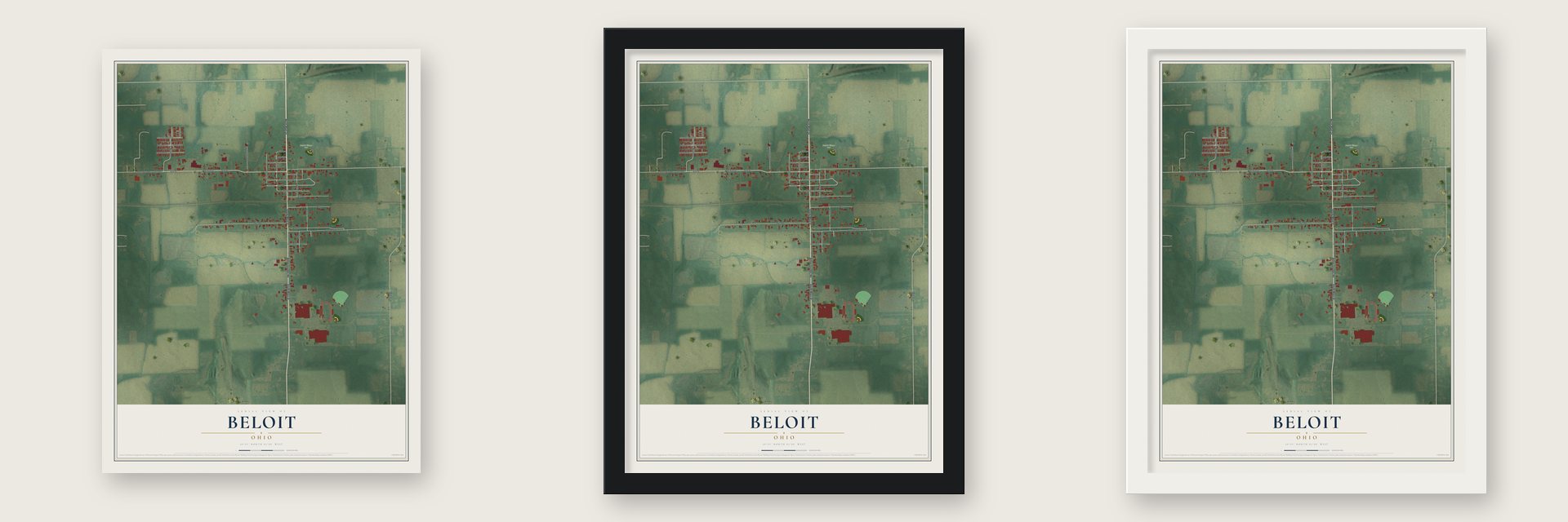 Beloit, Ohio map unframed, in a black wood frame and in a white wood frame