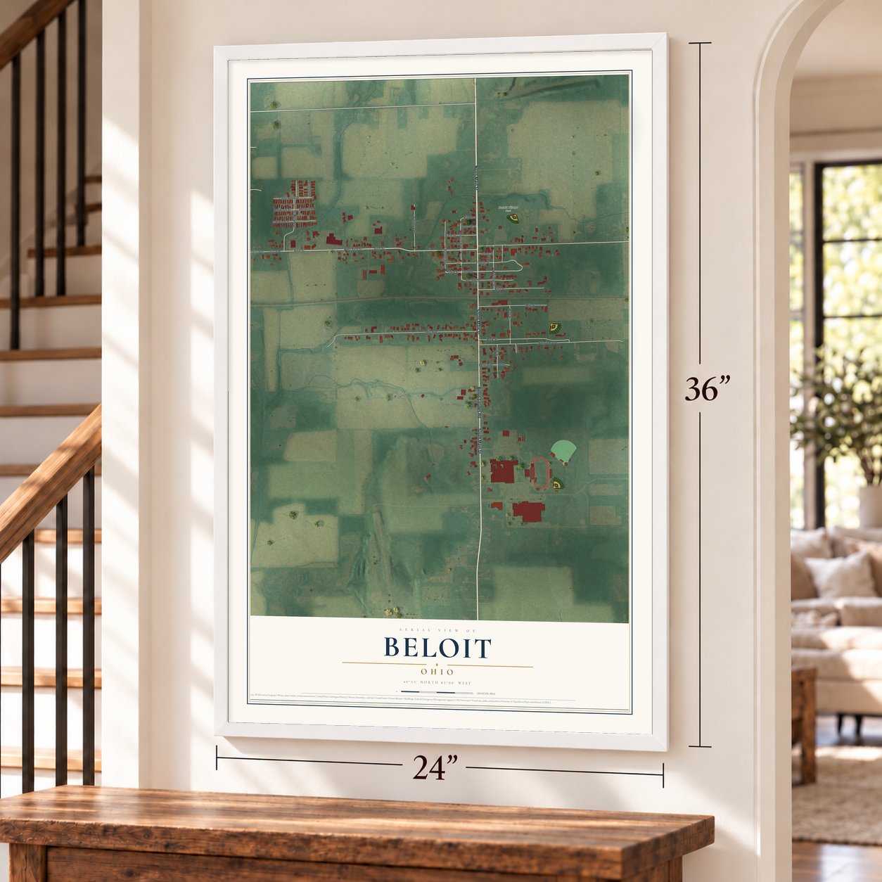 Beloit, Ohio map, 24 x 36 inch print in a white frame by a staircase