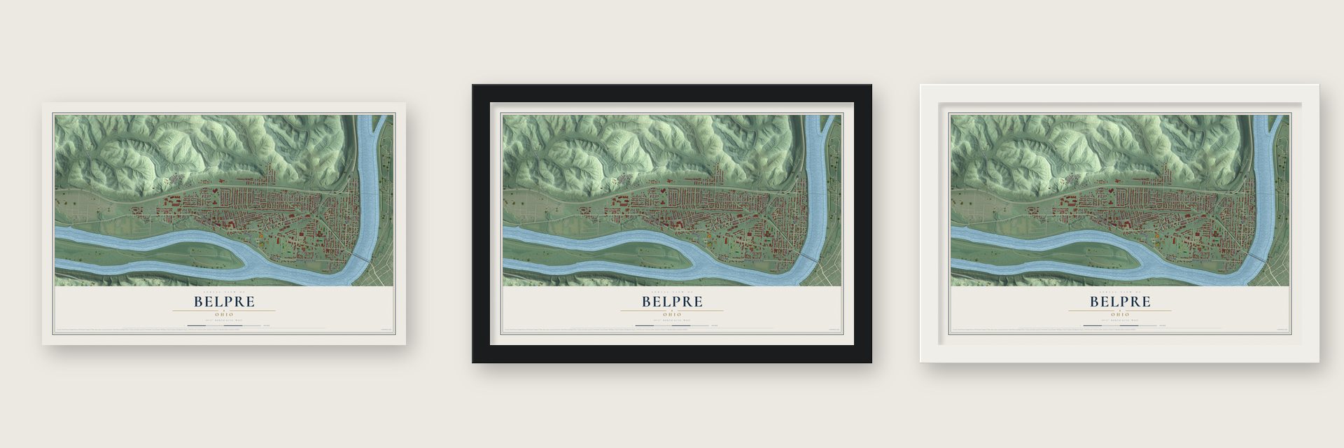 Belpre, Ohio map unframed, in a black wood frame and in a white wood frame