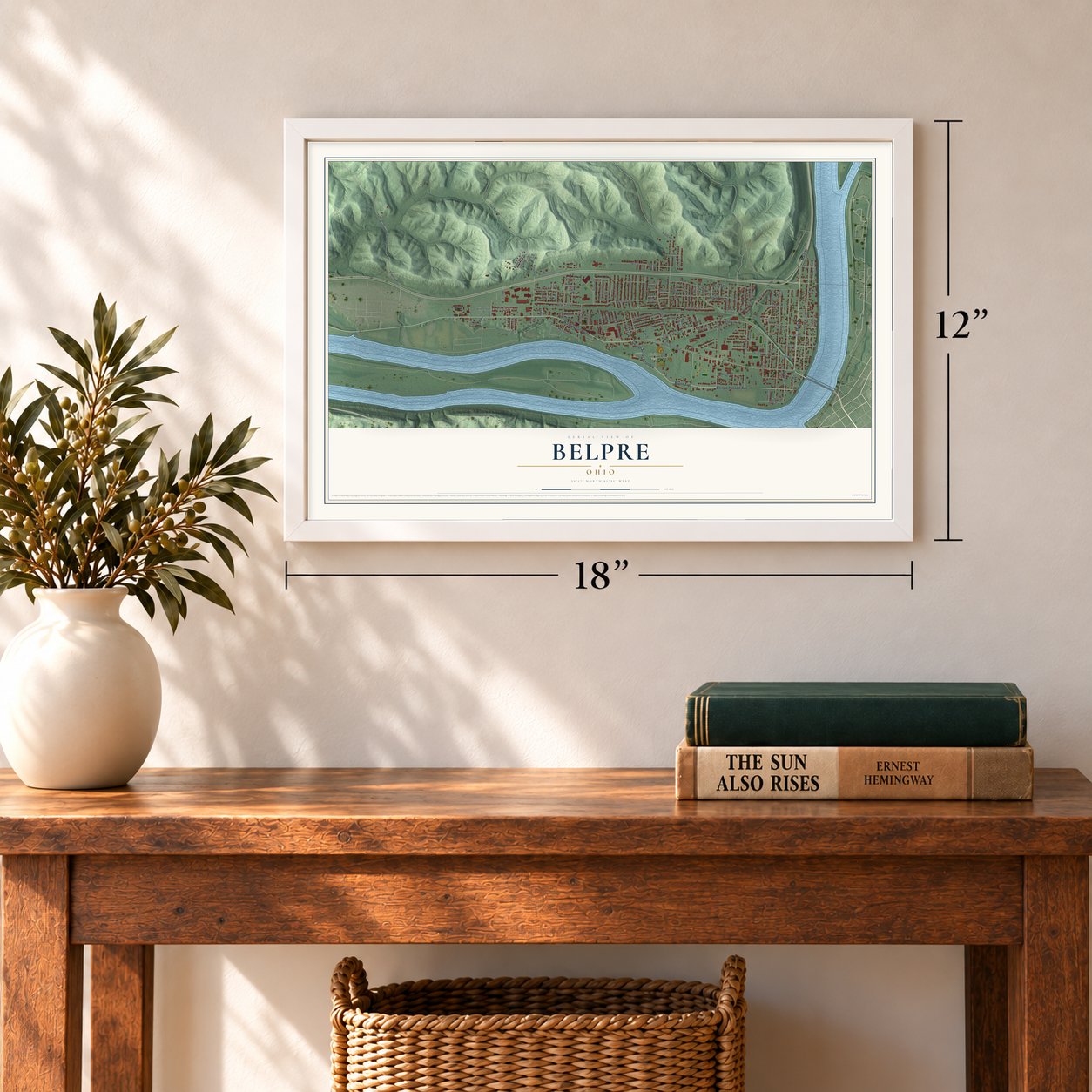 Belpre, Ohio map, 12 x 18 inch print in a white frame in an entryway