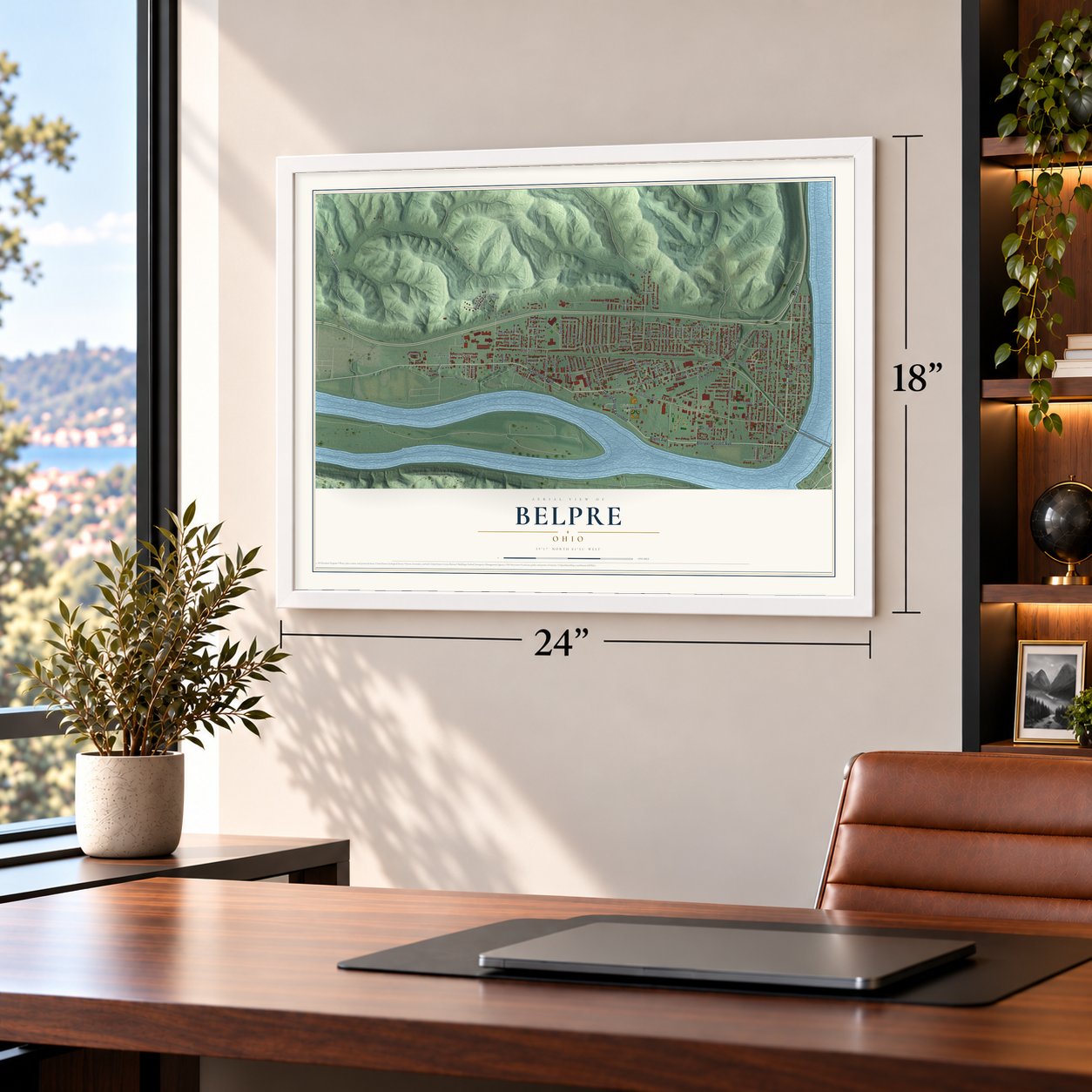 Belpre, Ohio map, 18 x 24 inch print in a white frame in a home office