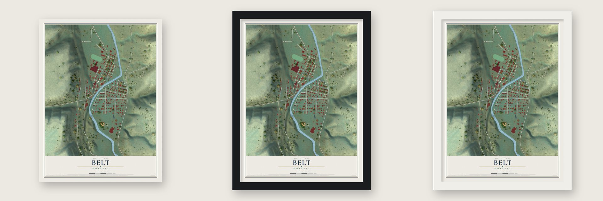 Belt, Montana map unframed, in a black wood frame and in a white wood frame
