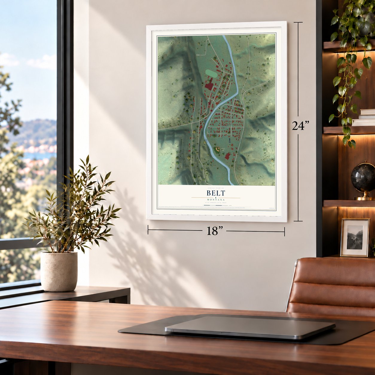 Belt, Montana map, 18 x 24 inch print in a white frame in a home office