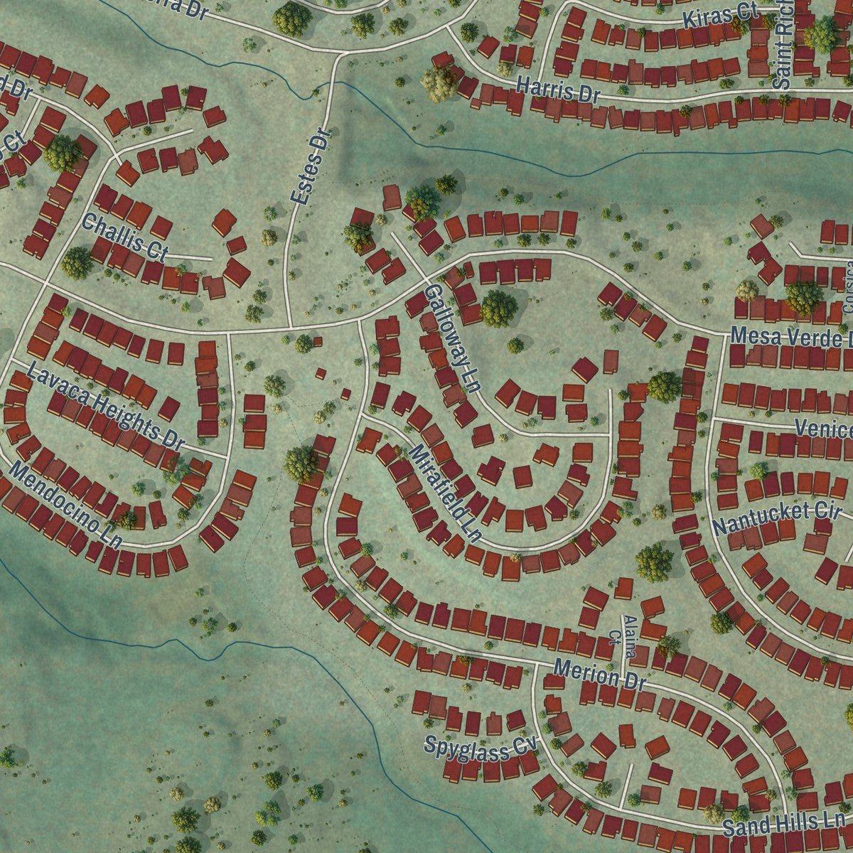 Second close-up of the map of Belterra, Texas print showing more streets and buildings