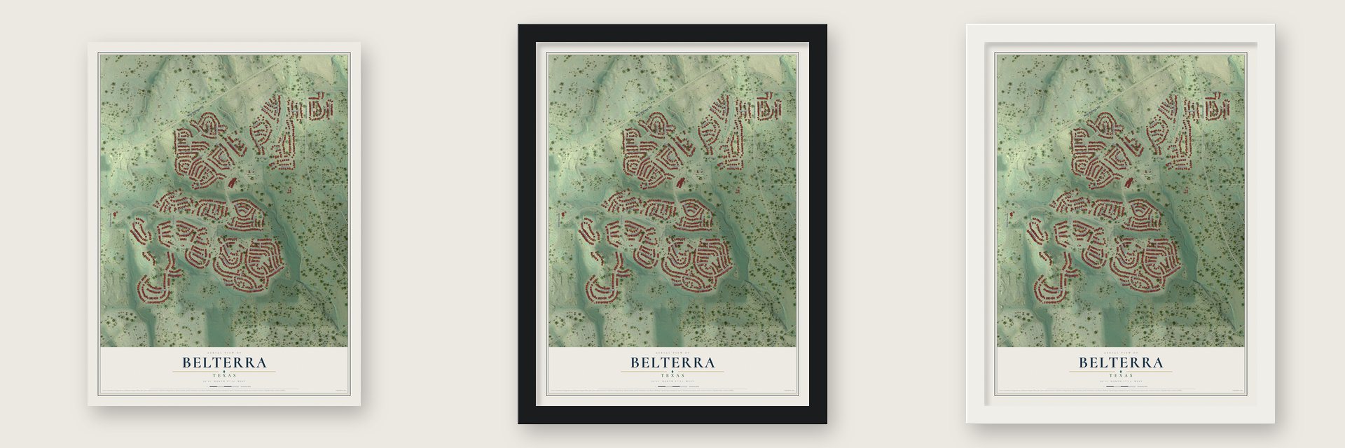 Belterra, Texas map unframed, in a black wood frame and in a white wood frame