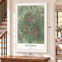 Belterra, Texas map, 24 x 36 inch print in a white frame by a staircase