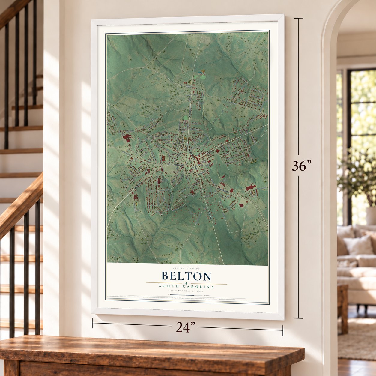 Belton, South Carolina map, 24 x 36 inch print in a white frame by a staircase