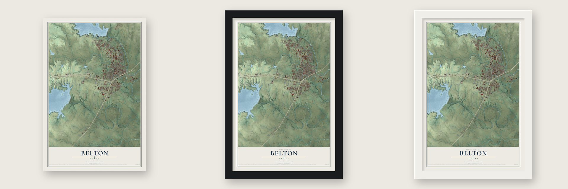 Belton, Texas map unframed, in a black wood frame and in a white wood frame