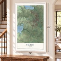 Belton, Texas map, 24 x 36 inch print in a white frame by a staircase