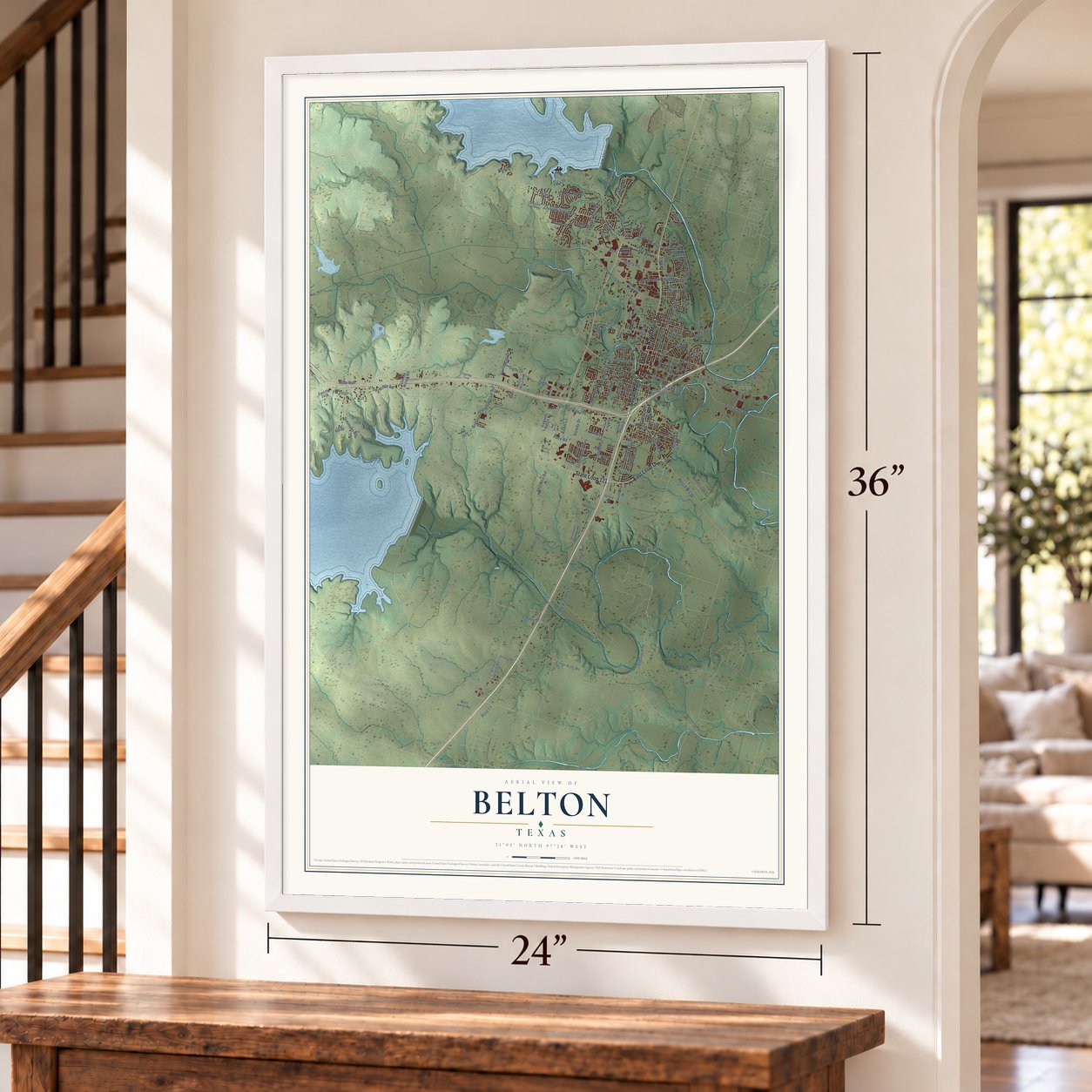 Belton, Texas map, 24 x 36 inch print in a white frame by a staircase