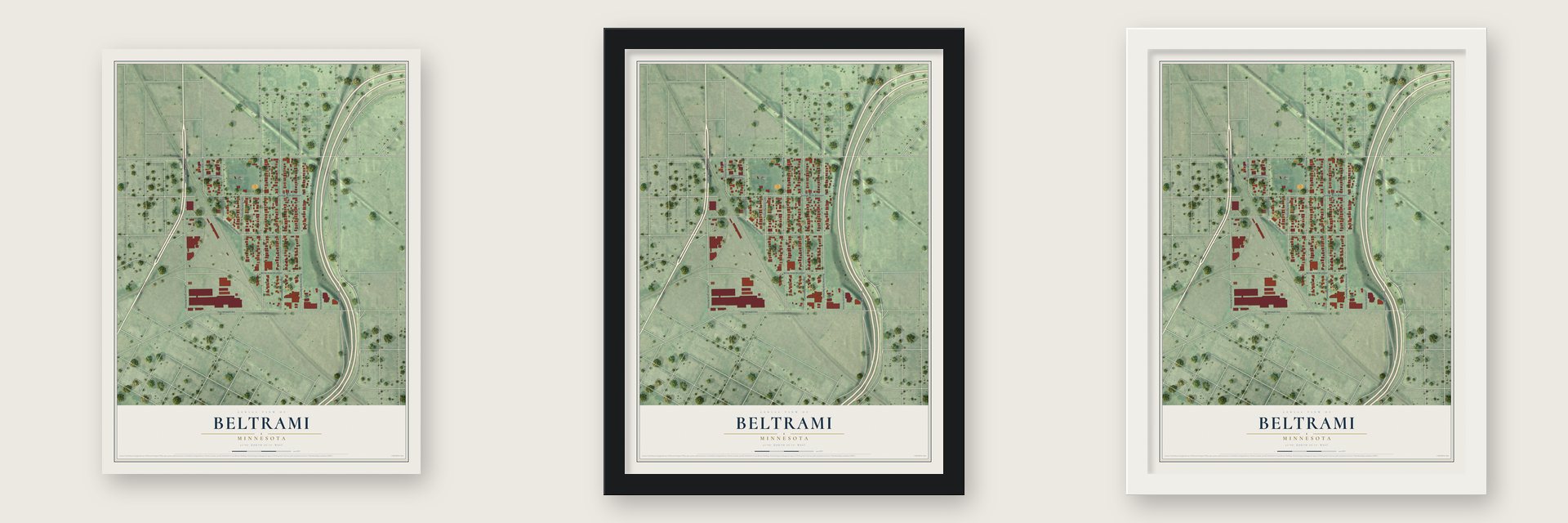 Beltrami, Minneapolis, Minnesota map unframed, in a black wood frame and in a white wood frame
