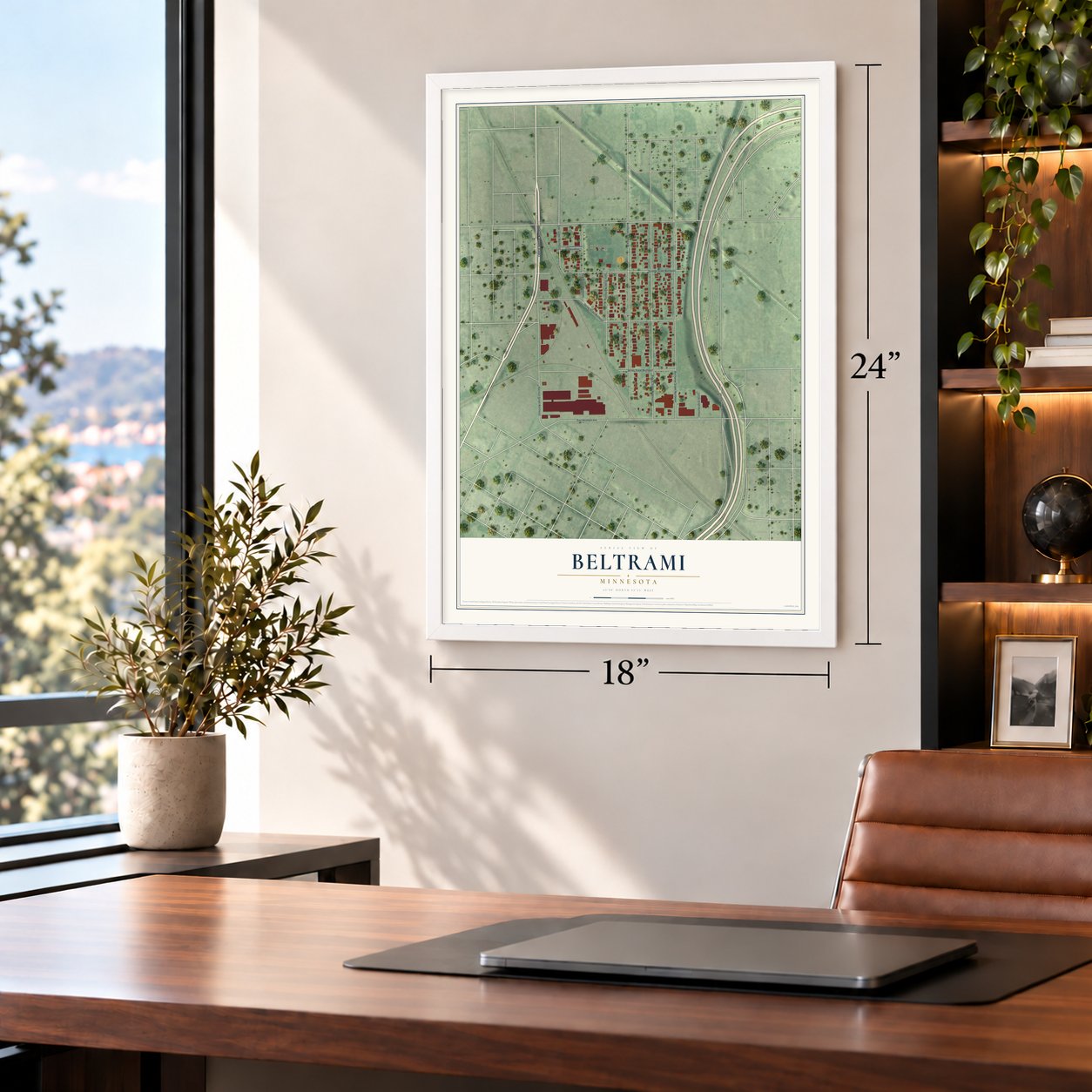 Beltrami, Minneapolis, Minnesota map, 18 x 24 inch print in a white frame in a home office