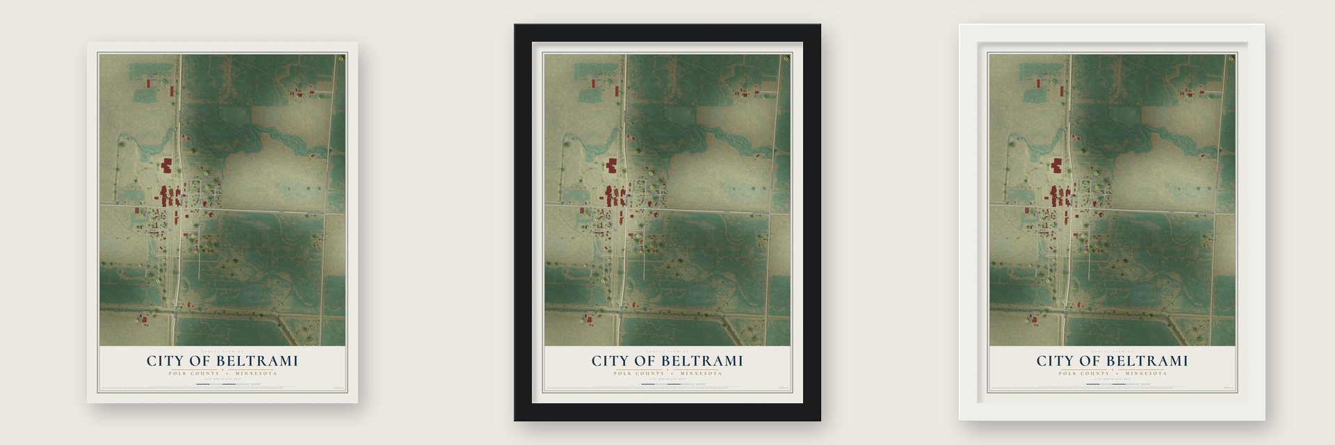 Beltrami, Minnesota map unframed, in a black wood frame and in a white wood frame