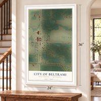 Beltrami, Minnesota map, 24 x 36 inch print in a white frame by a staircase