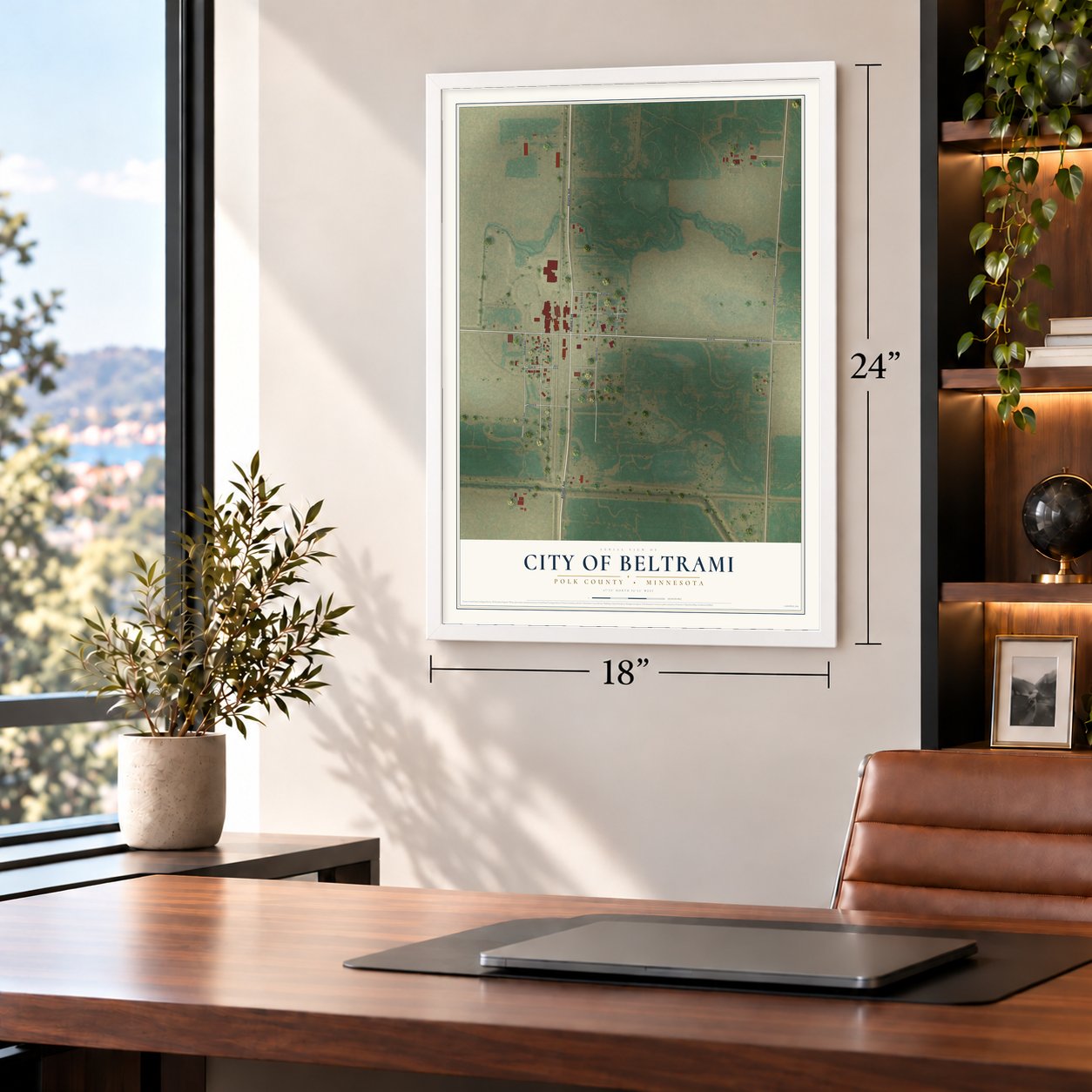 Beltrami, Minnesota map, 18 x 24 inch print in a white frame in a home office