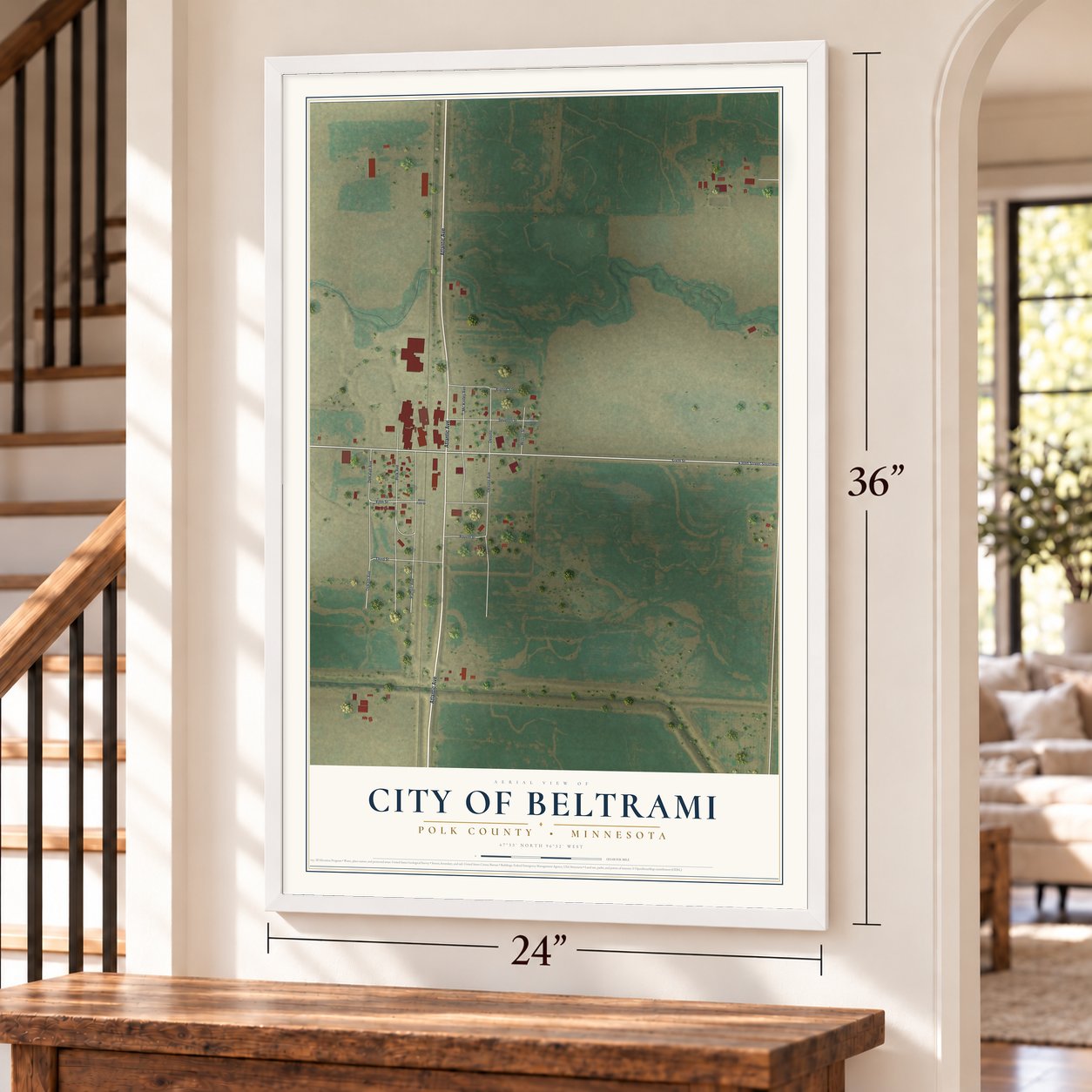 Beltrami, Minnesota map, 24 x 36 inch print in a white frame by a staircase