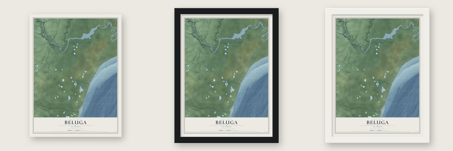 Beluga, Alaska map unframed, in a black wood frame and in a white wood frame