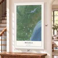Beluga, Alaska map, 24 x 36 inch print in a white frame by a staircase