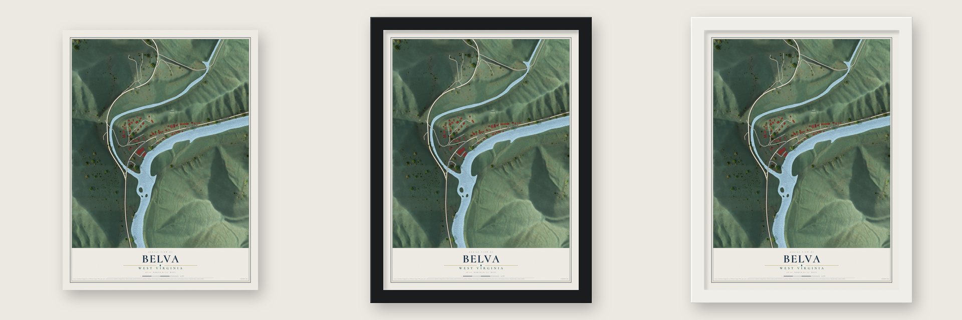 Belva, West Virginia map unframed, in a black wood frame and in a white wood frame