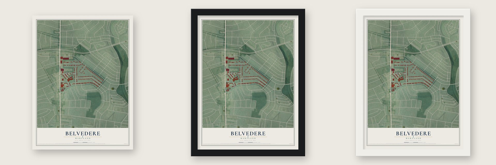 Belvedere, Maryland map unframed, in a black wood frame and in a white wood frame
