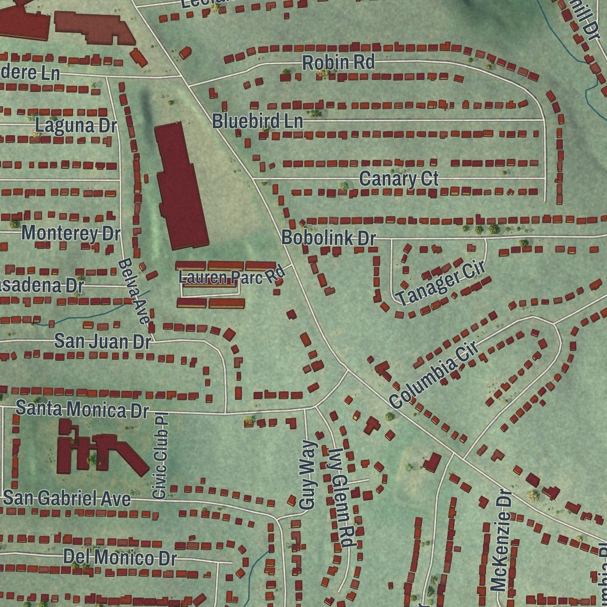 Second close-up of the map of Belvedere Park, Georgia print showing more streets and buildings