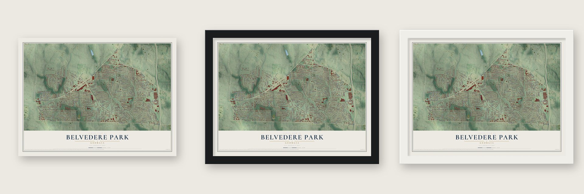 Belvedere Park, Georgia map unframed, in a black wood frame and in a white wood frame