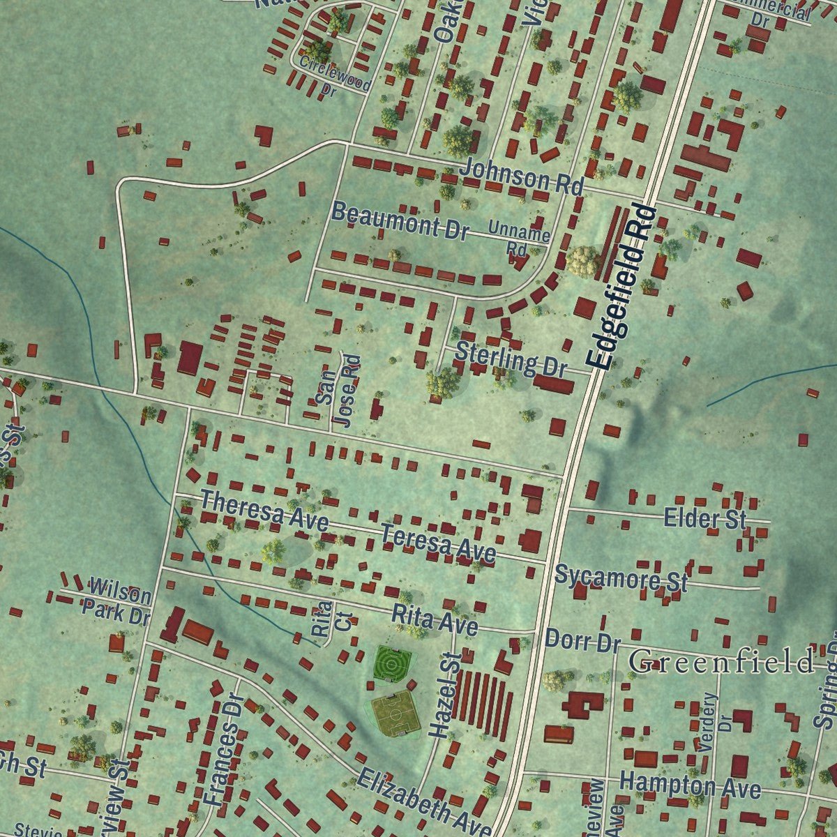 Second close-up of the map of Belvedere, South Carolina print showing more streets and buildings