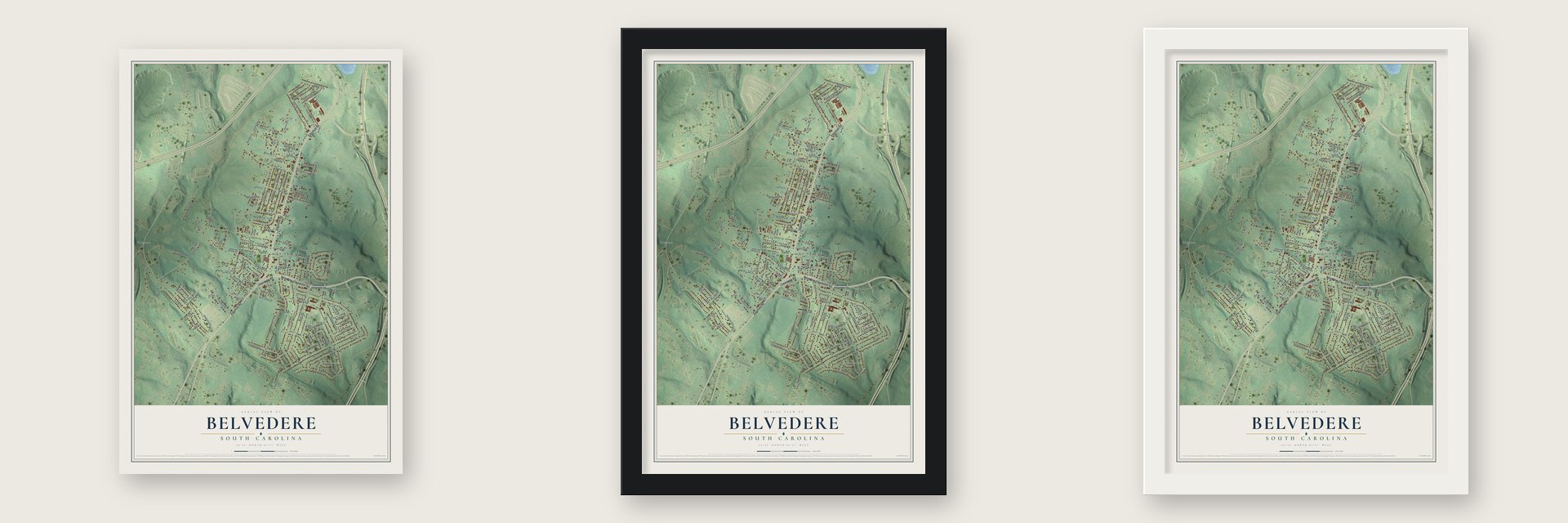 Belvedere, South Carolina map unframed, in a black wood frame and in a white wood frame