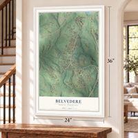 Belvedere, South Carolina map, 24 x 36 inch print in a white frame by a staircase