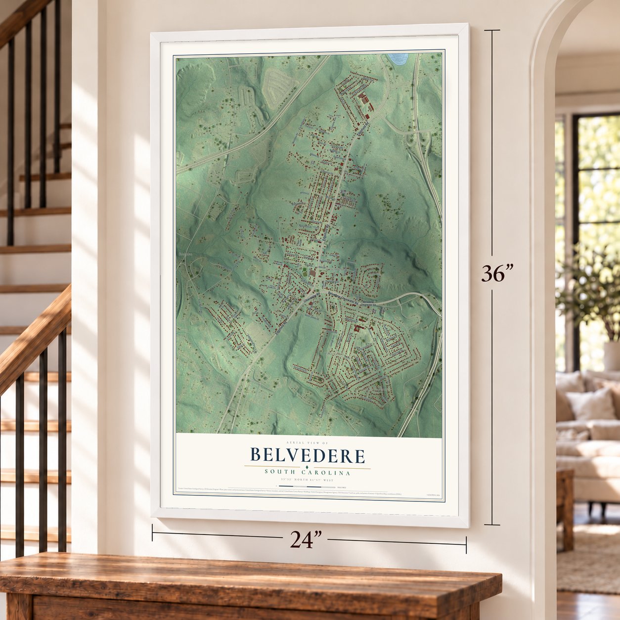 Belvedere, South Carolina map, 24 x 36 inch print in a white frame by a staircase