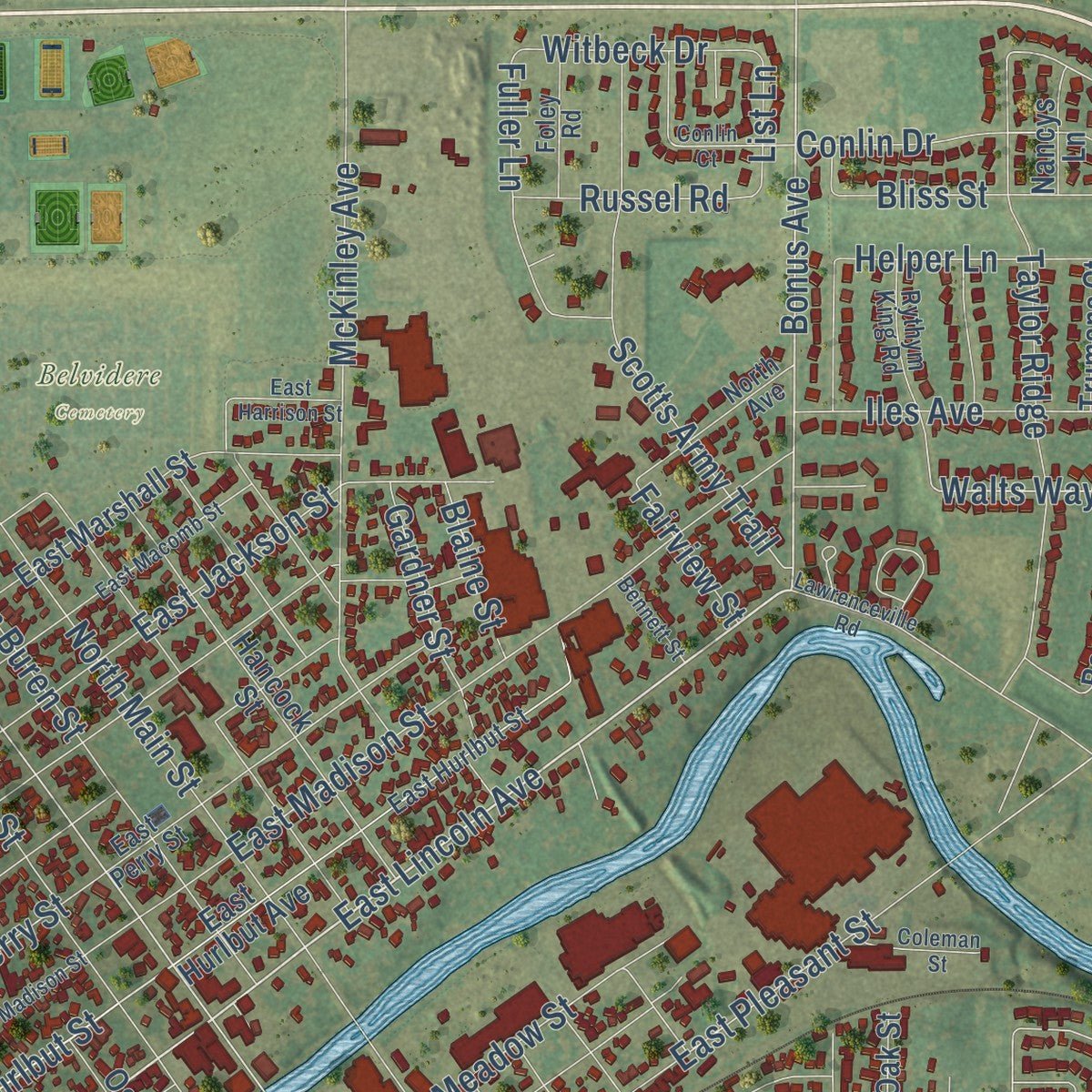 Second close-up of the map of Belvidere, Illinois print showing more streets and buildings